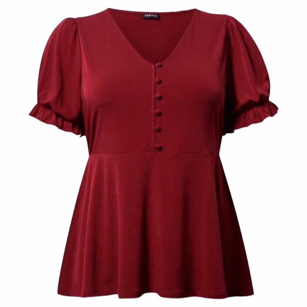 Burgundy V-Neck Button Front Women’s Peplum Top